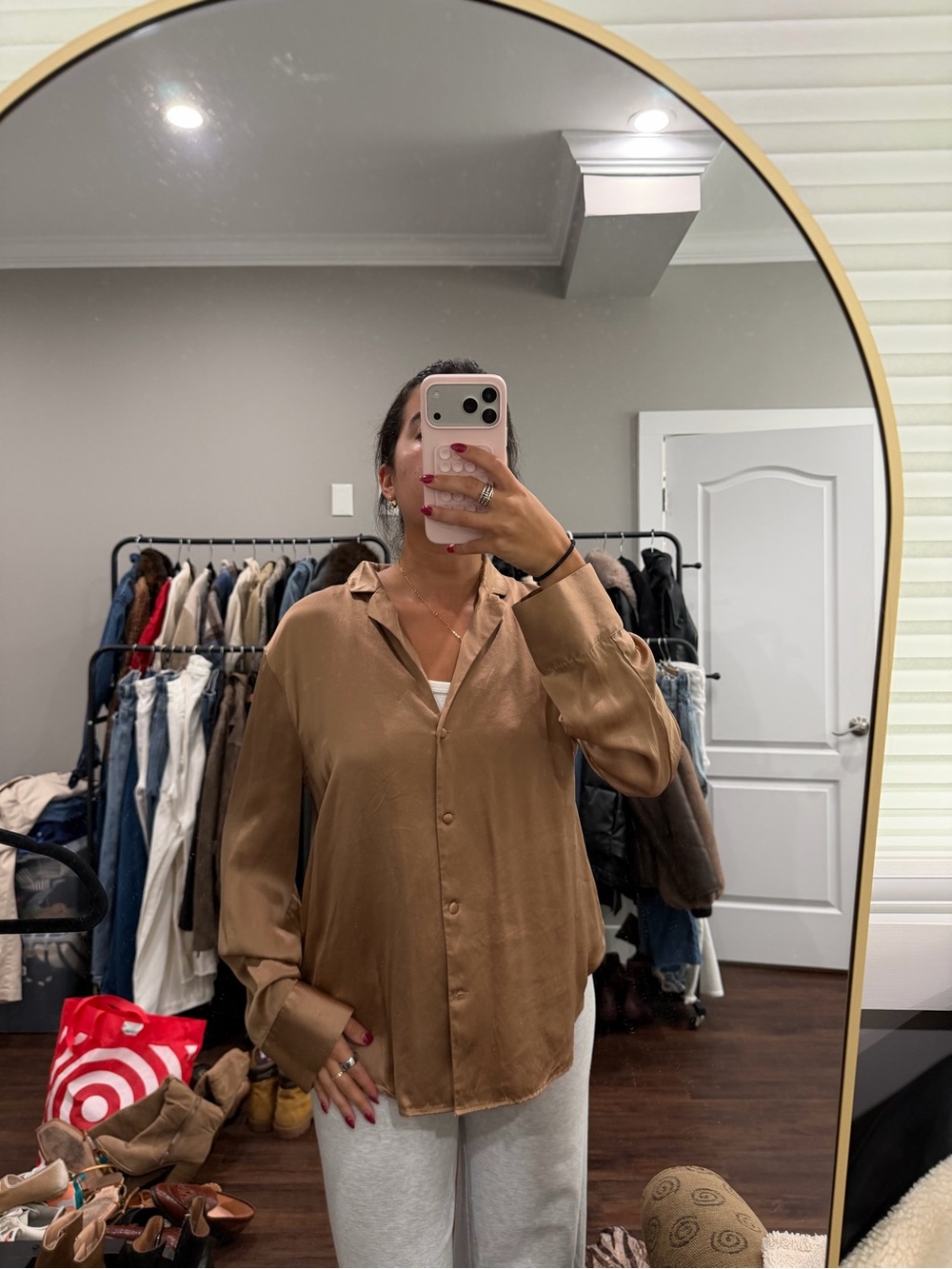 Reformation Brown Satin Button-Down Shirt